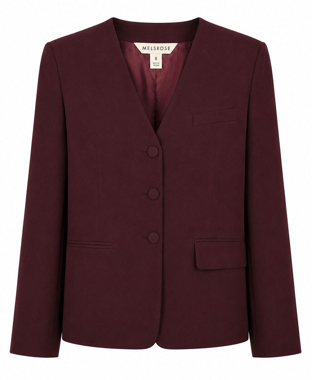 Melrose Burgundy Blazer Womens Size 8 Shoulder Pads Lined 3 Pocket Straight Line